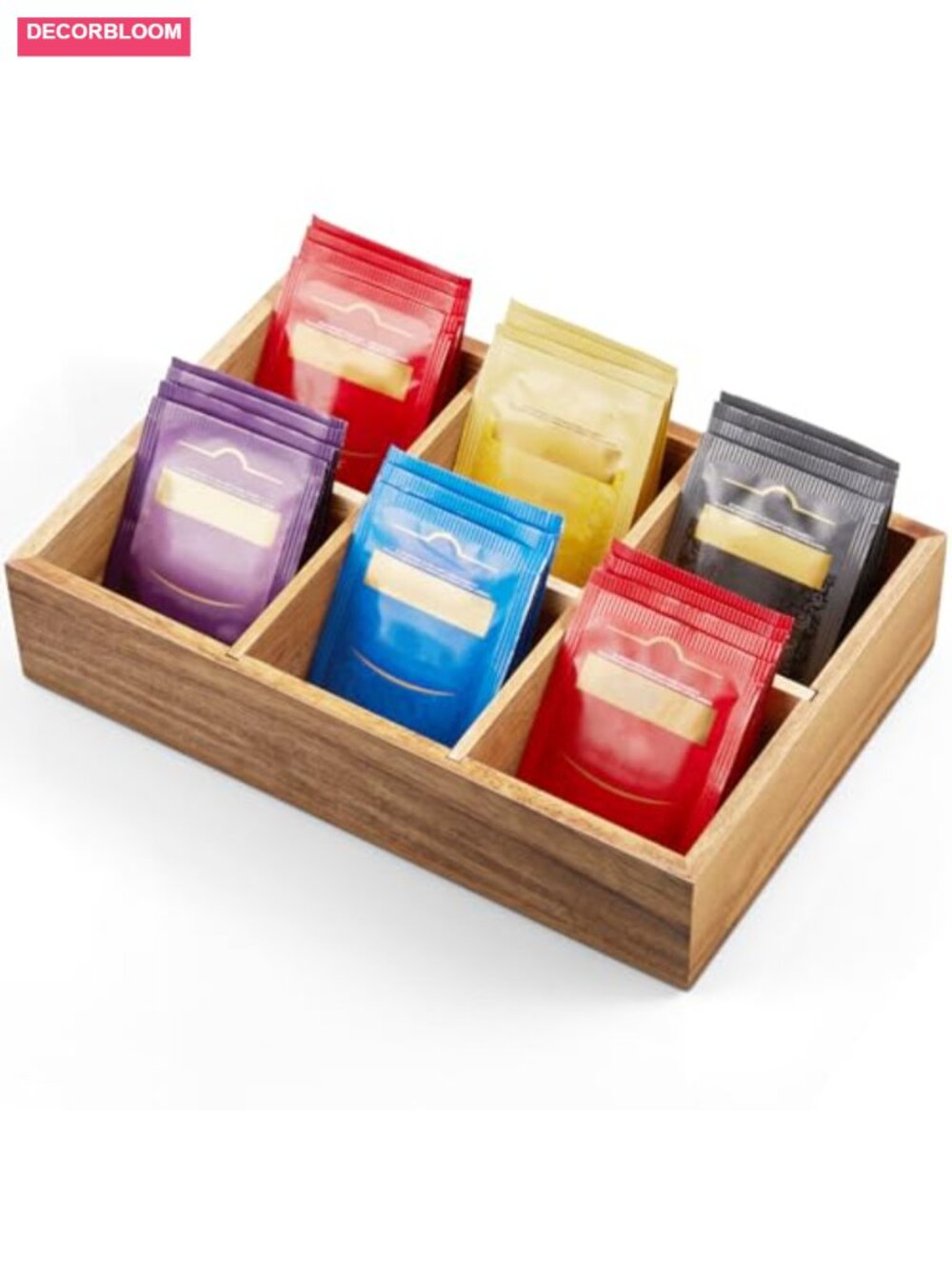 Acacia Wooden Tea Bag Organizer 6 Compartment Storage Box with Dividers